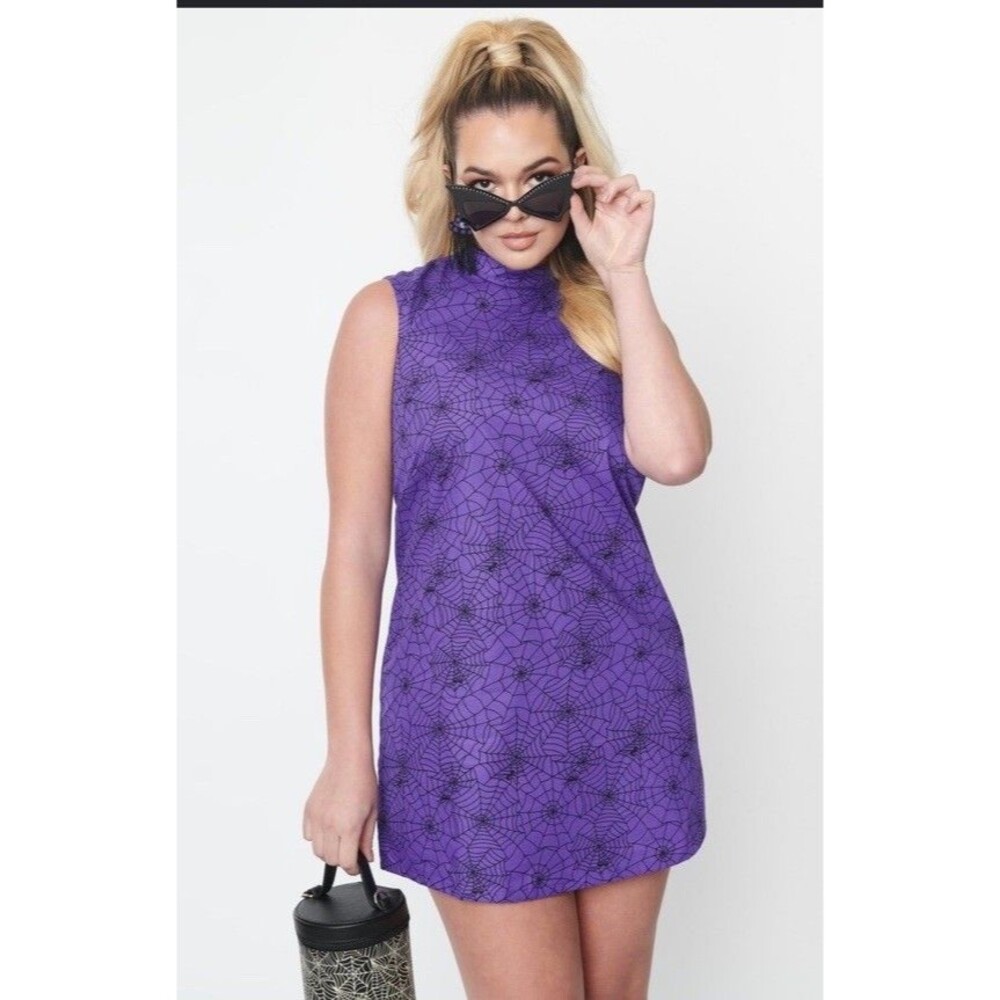 Magnolia Place Purple Spiderweb Mini Dress Shift Sleeveless L-Halloween